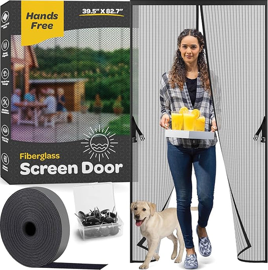 Hands-Free Magnetic Screen Door, Heavy Duty Fiberglass Self Sealing Screen Door Mesh Protector, Pet & Kid-Friendly, Stay-Open Buckle Keeps Bugs Out While Nature in, Fits Door Size (39.4" x 82.7")