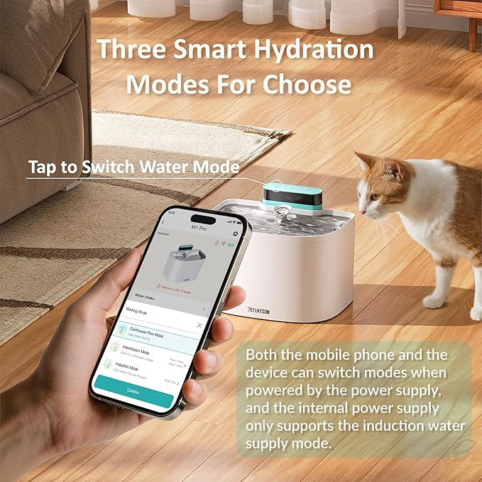 PET LAYSON Pumpless Cat Water Fountain,App Remote Control Smart Cordless Battery Operated 3.6L/122oz Wireless 2.4GHz Wi-Fi Networks Rechargeable Water Dispenser (Pink, M1Pro-16 Filter)
