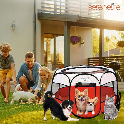 SereneLife On-The-Go Foldable Portable Pet Tent 8-Panel Playpen for Dog & Cat w/Food/Water Bowl, Mesh Exercise Puppy Playground, Pet House Indoor & Outdoor, Travel & Camping Pet Kennel (Red- Medium)