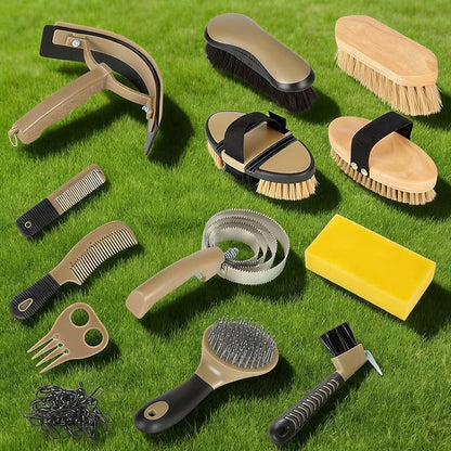 Horse Grooming Kit, 14-in-1 Professional Horse Brush Supplies Set for Grooming & Care, with Horse Brushes, Curry Comb, Hoof Pick & Waterproof Storage Tote Bag for Shining, Detangling, Massaging(Khaki)