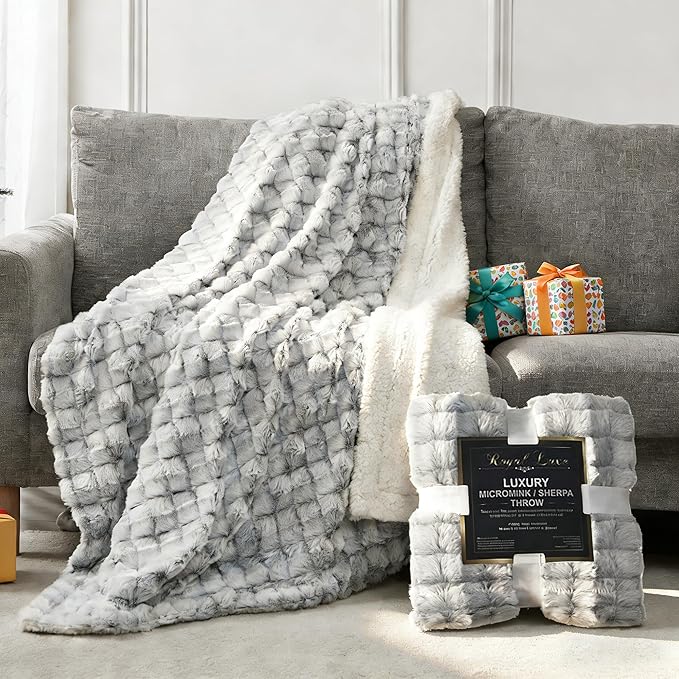 Royal Luxe Micromink Sherpa Throw Blanket for Couch, Fluffy Plush Reversible Throw Blanket for Sofa Bed Chair Room Decor - Luxury Soft Cozy Gifts for Women, 50 x 60 Inches, Black