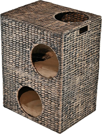 CHS1000B Jaxon 18" Modern Classic 2-Tier Handwoven Hyacinth Rectangular 5-Hole Cat Condo with 2 Machine-Washable Cushions, Brown