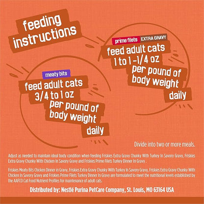 Purina Friskies Wet Cat Food Gravy Variety Pack, TurChicken Extra Gravy Chunky, Meaty Bits and Prime Filets - (Pack of 40) 5.5 oz. Cans