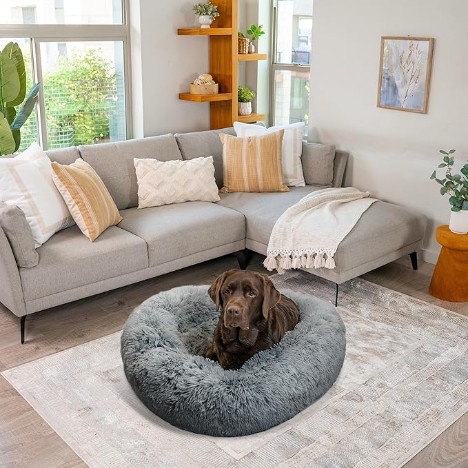 Best Friends by Sheri The Original Calming Donut Dog Bed for Large Dogs up to 100 lbs, Shag Faux Fur, Gray, Large, 36" x 36"