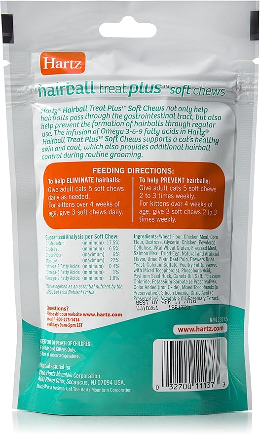Hartz Hairball Remedy Plus Chicken Flavored Soft Chews for Cats and Kittens (Pack of 3)
