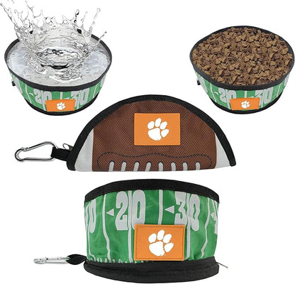 Pets First NCAA Clemson Tigers Collapsible Dog Travel Bowl, Food and Water Bowl for Dogs & Cats. Lightweight Leak-Proof Pet Bowl for Travel with Football Field & Pebble-Grain Design
