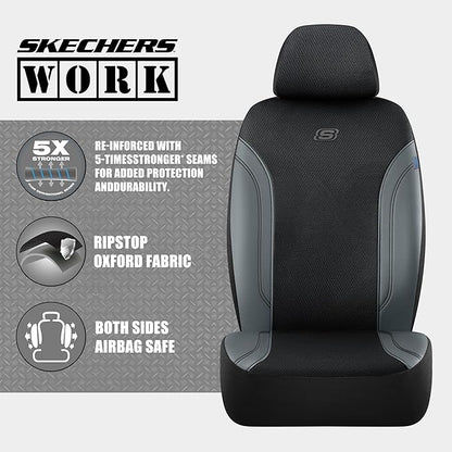 Skechers Car Seat Covers, Work Leather Seat Covers 5-Times Stronger Built-in Webbing, Oxford Fabric Front Seat Covers, Airbag Compatible, Automotive Comfort for Cars, Trucks, SUVs,Grey