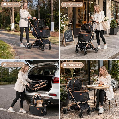 Dog Stroller with Detachable Carrier, Luxury 5 in 1 Pet Stroller for Small Dogs & Cats, Lightweight Foldable Cat Stroller with 360° Rotating Wheels, Travel Friendly, Detachable Pet Car Seat