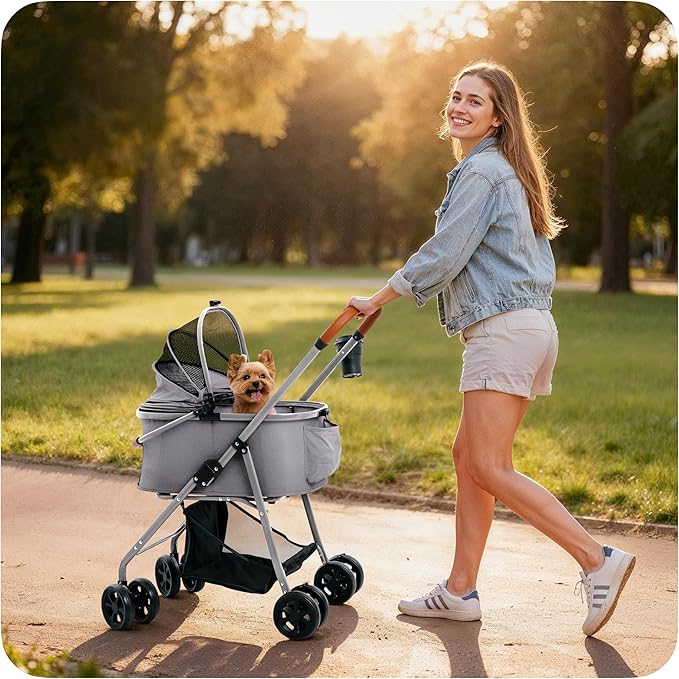 Pet Stroller for Small Medium Dogs & Cats – 2-in-1 Detachable Carrier, Zipperless Entry, Lightweight Folding Travel Stroller with Storage Basket, Cup Holder, Gray