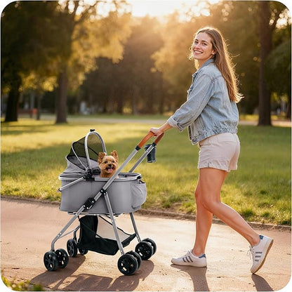 Pet Stroller for Small Medium Dogs & Cats – 2-in-1 Detachable Carrier, Zipperless Entry, Lightweight Folding Travel Stroller with Storage Basket, Cup Holder, Gray