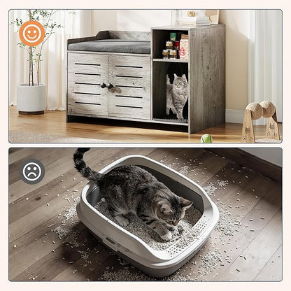 Cat Litter Box Enclosures, Large Hidden Cat Litter Box Furniture with Double Door, Wooden End Table Litter Box Cabinet with Storage Shelf, Cushion & Litter Mat, Dog Proof Design, Modern Cat House
