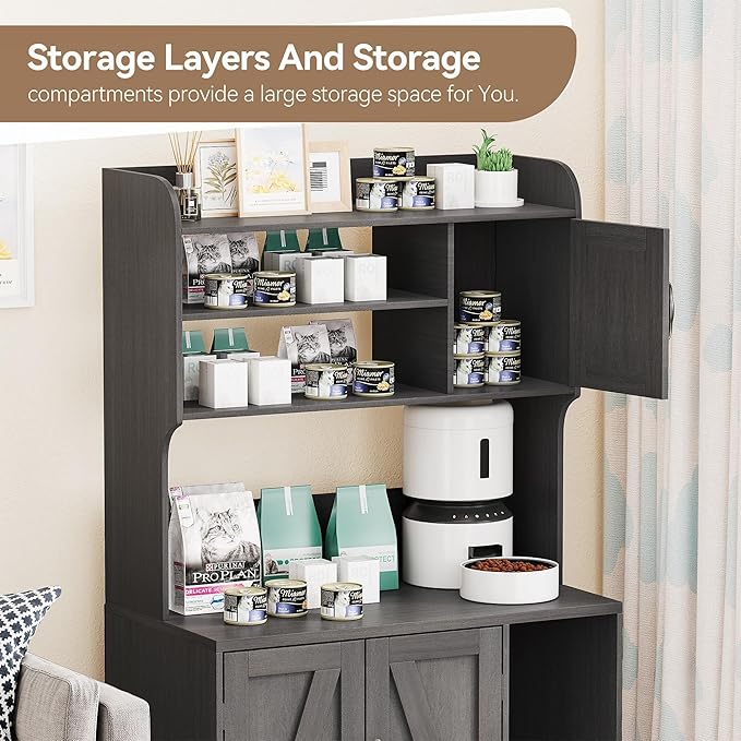 GarveeLife Cat Litter Box Enclosure with Shelves, Litter Box Cabinet, Hidden Cat Box Furniture with Scratching Mat, Wood Sturdy Cat Washroom Storage, Indoor Cat House, Walnut