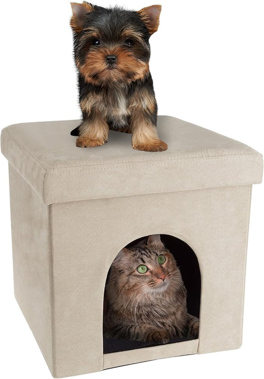 Pet House Ottoman - Collapsible Multipurpose Small Dog or Cat Bed Cube and Footrest with Cushion Top and Interior Pillow by PETMAKER (Microsuede Tan)