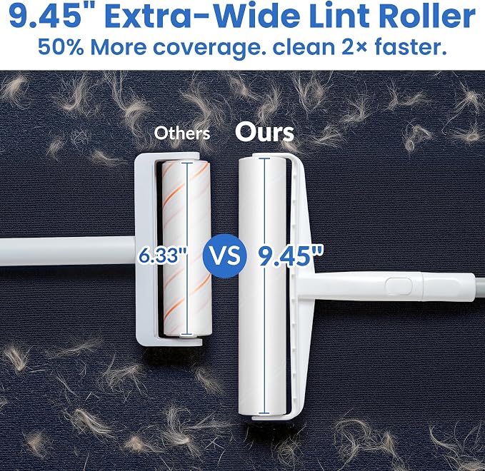 DELOMO 9.45" Large Lint Roller for Floors Carpet Furniture Bed Couches Rug | Big Sticky Roller with 360 Extra Sticky Sheets, 45" Long Handle for No-Bending Cleaning Pet Hair, for Dog Cat Owners Homes