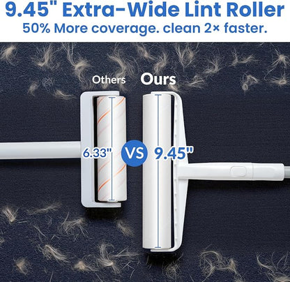 DELOMO 9.45" Large Lint Roller for Floors Carpet Furniture Bed Couches Rug | Big Sticky Roller with 360 Extra Sticky Sheets, 45" Long Handle for No-Bending Cleaning Pet Hair, for Dog Cat Owners Homes