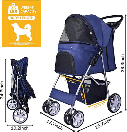 Elevon Pet Stroller, 4 Wheels Multifunction Dog Cat Stroller, Folding Portable Travel Stroller with Detachable Carrier, Suitable for Medium Small Dogs Cats, Blue
