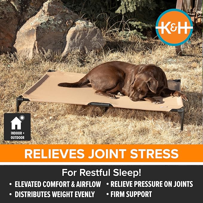 K&H Outdoor Elevated Dog Bed - Cooling Raised Dog Bed for Extra-Large & Giant Pets, Breathable Mesh Hammock Design, Indoor/Outdoor Washable Cover, Portable Metal Frame, Tan, Jumbo 56x38in