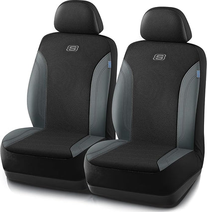 Skechers Car Seat Covers, Work Leather Seat Covers 5-Times Stronger Built-in Webbing, Oxford Fabric Front Seat Covers, Airbag Compatible, Automotive Comfort for Cars, Trucks, SUVs,Grey