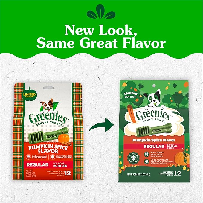 Greenies Veterinarian-Recommended, Limited-Edition Natural Dental Dog Treats Regular Size, Pumpkin Spice Flavor, 12 oz. Pack, 12 Count