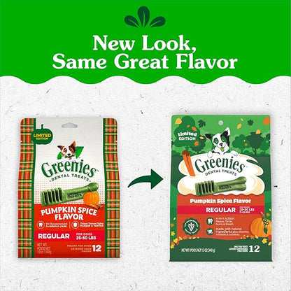 Greenies Veterinarian-Recommended, Limited-Edition Natural Dental Dog Treats Regular Size, Pumpkin Spice Flavor, 12 oz. Pack, 12 Count