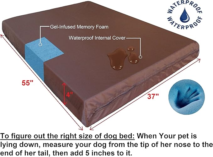 Dogbed4less Orthopedic Gel Infused Cooling Memory Foam Dog Bed for Large Dog, Waterproof Lining and Machine Washable Pet Bed Cover, XXL 55X37X4 Inches