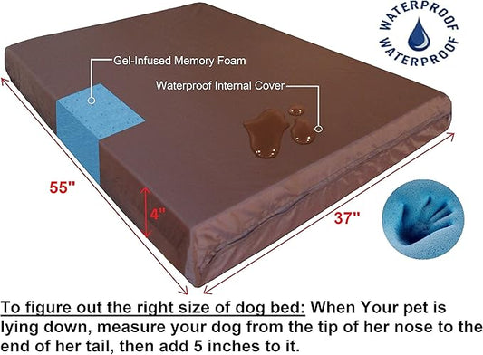 Dogbed4less Orthopedic Gel Infused Cooling Memory Foam Dog Bed for Large Dog, Waterproof Lining and Machine Washable Pet Bed Cover, XXL 55X37X4 Inches