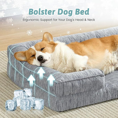 COZY KISS Cooling Dog Bed for Large Medium Size Dogs, Q-Max >0.4 Summer Cool Orthopedic Pet Sofa Bed with Sides, Bolster Anti-Slip Couch with Washable Removable Cover, L 36x27x6.5 inch, Dark Grey