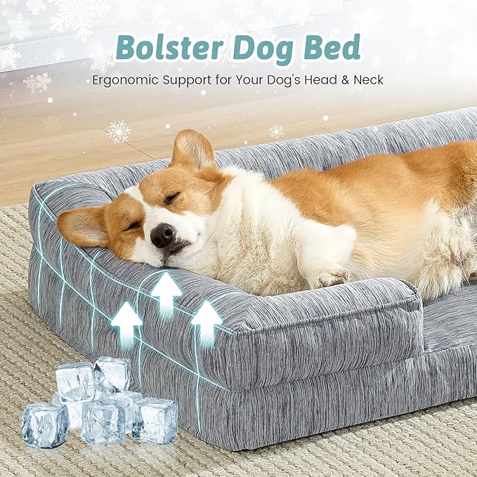 COZY KISS Cooling Dog Bed for Medium Small Size Dogs, Q-Max >0.4 Summer Cool Pet Bed, Orthopedic Dog Sofa with Sides, Bolster Anti-Slip Couch with Washable Removable Cover, M 30x20x6 inch, Dark Grey