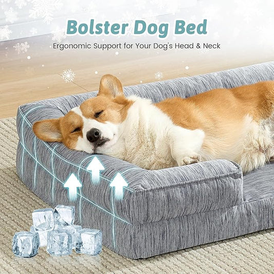 COZY KISS Cooling Dog Bed for Medium Small Size Dogs, Q-Max >0.4 Summer Cool Pet Bed, Orthopedic Dog Sofa with Sides, Bolster Anti-Slip Couch with Washable Removable Cover, M 30x20x6 inch, Dark Grey
