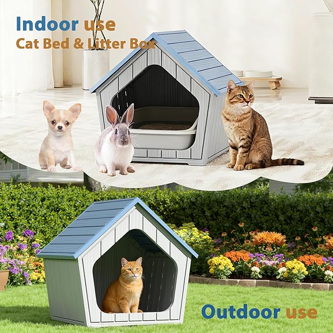 Cat Litter Box Enclosure, Hidden Covered Litter Box Furniture with Air Holes, Resin Outdoor Cat House Weatherproof, Wide Opening Design for Easy Cleaning, Blue