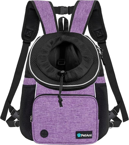 PetAmi Adjustable Cat & Dog Chest Carrier Backpack, Ventilated for Hiking & Camping, Max 15 lbs, Purple