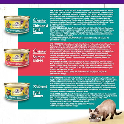 Wellness Complete Health Gravy and Minced Variety Pack Adult Canned Wet Cat Food, Natural, Protein Rich, Grain Free, Salmon, Tuna, and Chicken Recipes, 3 oz, Pack of 12 Cans