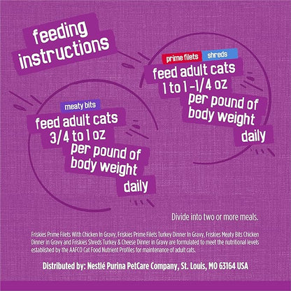 Friskies Purina Gravy Wet Cat Food Variety Pack, Poultry Shreds, Meaty Bits and Prime Filets - (Pack of 64) 5.5 oz. Cans