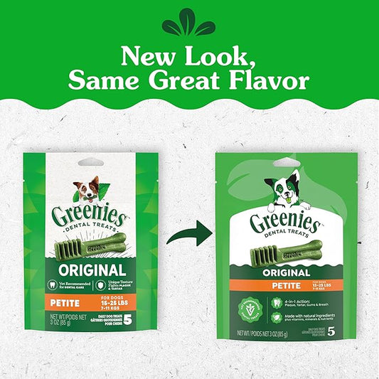 Greenies Veterinarian-Recommended Adult Natural Dental Dog Treats Petite Size, Dog Dental Chews, Original Flavor, 3 oz. Pack, 5 Count