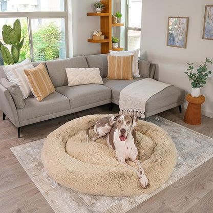 Best Friends by Sheri The Original Calming Donut Dog Bed – Washable Plush Pet Bed for XXL Breeds up to 210 lbs, Shag Faux Fur, Taupe, XXL (54" x 54")