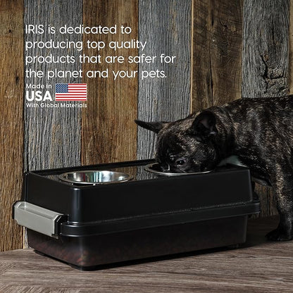 IRIS USA Elevated Dog Bowls with Storage, 6" H Raised Feeding Station, Dog Bowl Stand with Airtight Food Storage Holds 5 lbs, 4 Removable 16 oz Stainless Steel Food and Water Bowls, Smoke/Black