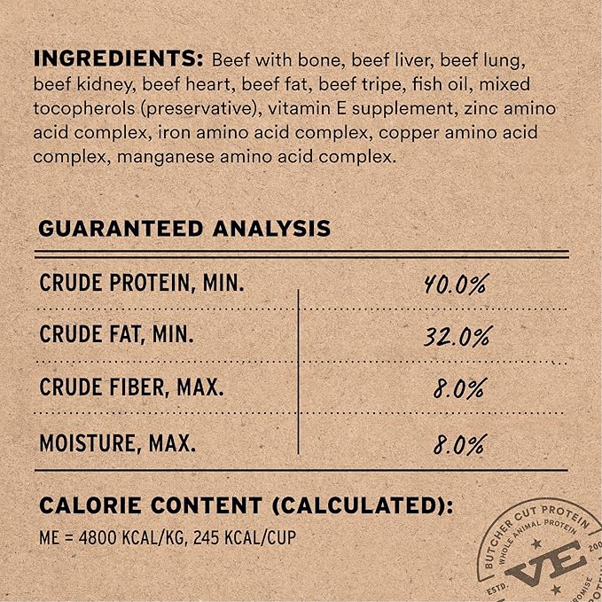 Vital Essentials Freeze Dried Dog Food, Raw Beef Crunchy Mini Nibs | Complete Meal or Topper | 96% Beef, Organs & Bone | Limited Ingredient, High Protein, Grain Free Dry Dog Food | 3 lb Bag