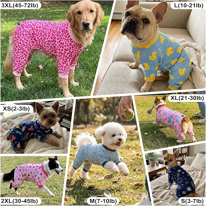 Bienbee Dog Pajamas, 4 Pack Dog Recovery Suit Shedding Suit Cute Soft Puppy Clothes Dogs Pjs Onesies Jammies Adjustable Breathable & Stretchy Clothes for Small Medium Large Dogs Girl Boy Puppy-L