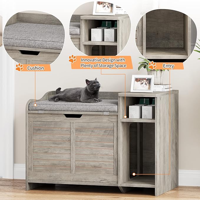 Litter Box Enclosure with Top Opening with Cushion, Cat Litter Box Furniture Hidden, Litter Box Hidden, Cat House, Privacy Cat Litter Box Cabinet Grey