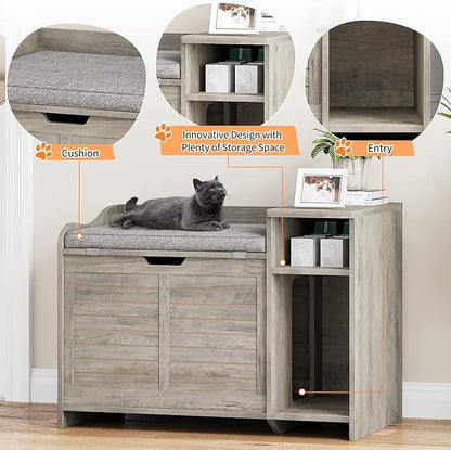Litter Box Enclosure with Top Opening with Cushion, Cat Litter Box Furniture Hidden, Litter Box Hidden, Cat House, Privacy Cat Litter Box Cabinet Grey