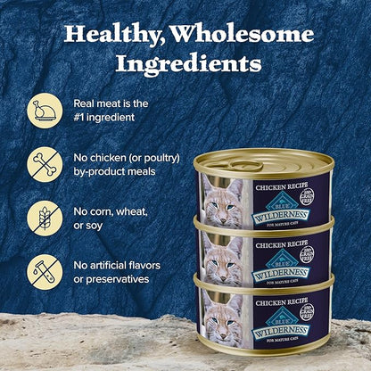 Blue Buffalo Wilderness High-Protein & Grain-Free Wet Cat Food Paté for Adult Cats 7+,Made with Natural Ingredients,Chicken Recipe,3-oz. Cans,(Pack of 48)
