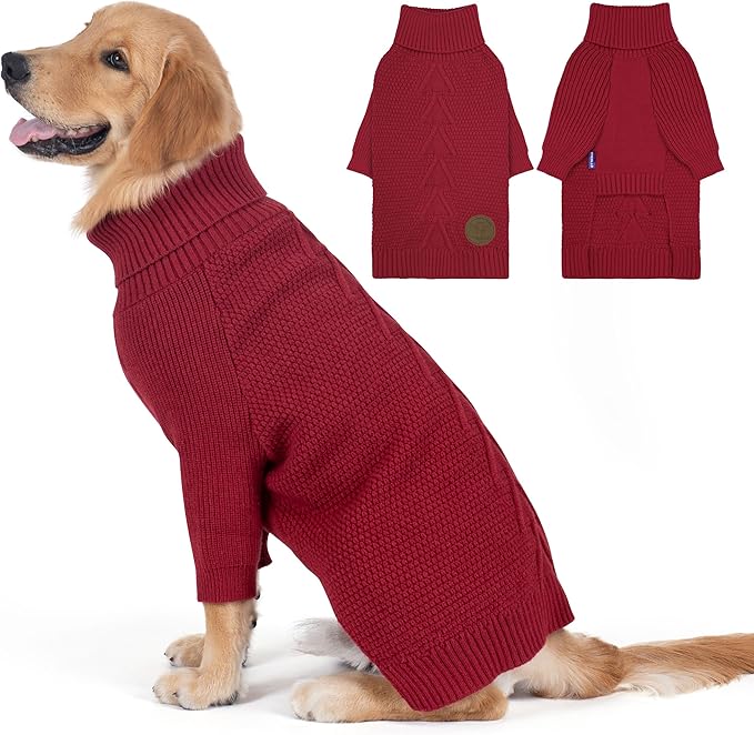 cyeollo Dog Christmas Sweater Turtleneck Soft Knitted Sweaters with Long Sleeves Warm Cozy Dog Clothes for Large Dogs, Burgundy 2XL