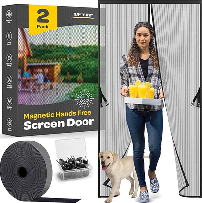 Hands-Free Magnetic Screen Door, [2 Pack] Heavy Duty, Self Sealing Screen Door Mesh Protector, Pet/Kid-Friendly, Stay-Open Buckle, Keeps Bugs Out While Letting Nature in, Fits Door (39.4" x 82.7")