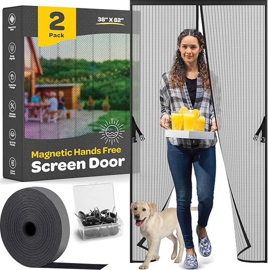 Hands-Free Magnetic Screen Door, [2 Pack] Heavy Duty, Self Sealing Screen Door Mesh Protector, Pet/Kid-Friendly, Stay-Open Buckle, Keeps Bugs Out While Letting Nature in, Fits Door (39.4" x 82.7")