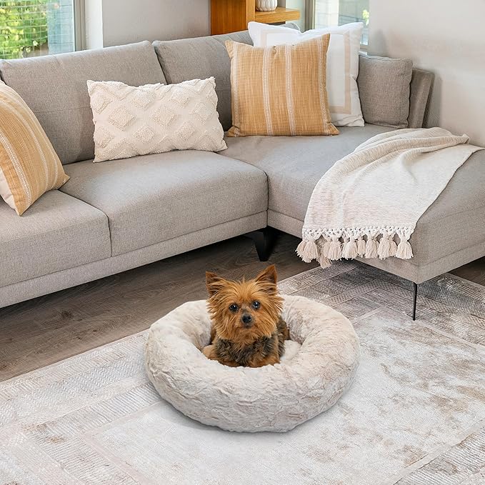 Best Friends by Sheri The Original Calming Donut Dog Bed for Extra-Small Dogs up to 10 lbs, Lux Faux Fur, Oyster, 18" x 18"