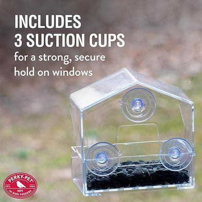 Perky-Pet Clear Outdoor Window Bird Feeder with Strong Suction Cups – 1/2 Lb Seed Capacity - Perky Pet 345 - Entertaining Bird Feeding - Watch Birds Eat Seeds
