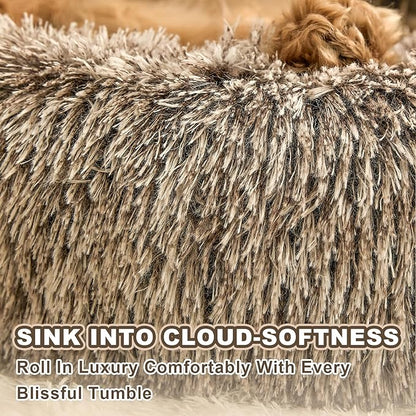 Jiupety Paw Shape Calming Pet Bed, Plush Faux Fur Donut Bed for Dogs & Cats, Machine Washable, Non-Slip Bottom, Large Size (26"×26"×8"), Gray