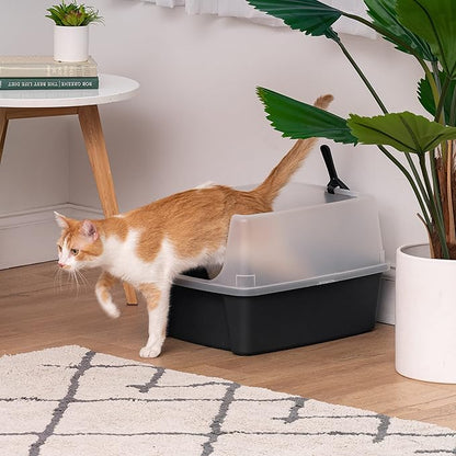 IRIS USA Open Top Cat Litter Box with Scoop and Scatter Shield, Black + 44oz / 1.3L Cat Water Fountain Bundle, Two Flow Options Silent Replaceable Charcoal Filter, White/Blue