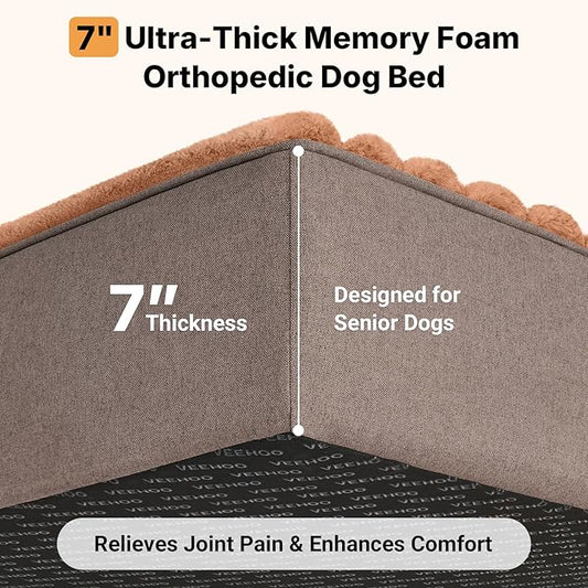 Veehoo Orthopedic Dog Bed for Large Senior Dogs, 7 Inch Thick XL Memory Foam Dog Bed with L Shaped Bolsters, Orthopedic Pet Couch with Waterproof Liner & Removable Washable Cover, 48"x30"x7"