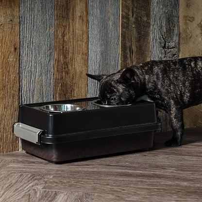 IRIS USA Elevated Dog Bowls with Storage, 6" H Raised Feeding Station, Dog Bowl Stand with Airtight Food Storage Holds 5 lbs, 4 Removable 16 oz Stainless Steel Food and Water Bowls, Smoke/Black